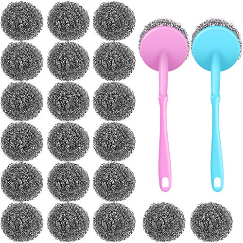 Product Cover 20 Pieces Stainless Steel Scourers Steel Wool Scrubber Metal Scouring Pad Metal Sponge with 2 Handles for Kitchen Bathroom Cleaning
