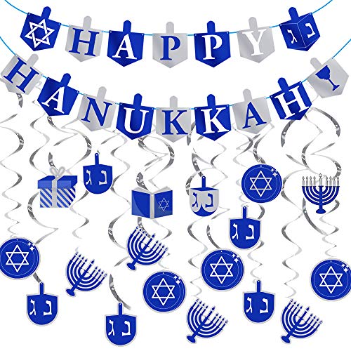 Product Cover Haojiake Happy Hanukkah Banner Chanukah Decoration, 1 Happy Hanukkah Banner 1 Themed Banner, 12 Hanging Swirls