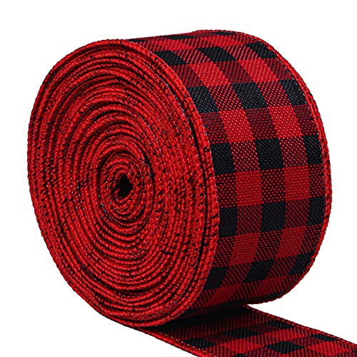 Product Cover URATOT Red and Black Plaid Burlap Ribbon Christmas Wired Ribbon Wrapping Ribbon for Christmas Crafts Decoration, Floral Bows Craft, 236 by 1.97 Inch