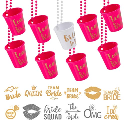 Product Cover Bachelorette Party Supplies, 12 Pack Team Bride and Bride to Be Beaded Bridal Shot Glass Necklace with 24 Pack Bride Tribe Metallic Tattoos