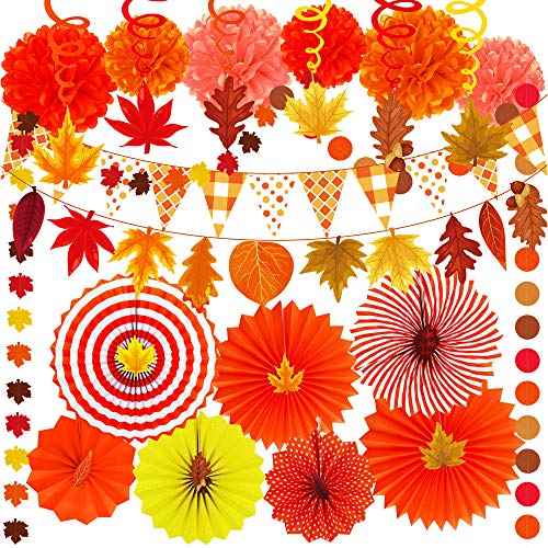 Product Cover Supla 40 Pack Fall Party Decorations Set - Includes Autumn Hanging Paper Fans Pom Poms Fall Maple Leaves Party Swirls Streamers Fall Banner Backdrop Garland String for Thanksgiving Wedding Birthday