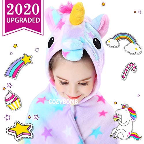 Product Cover CozyBomB Rainbow Unicorn Gifts for Girls - Wearable Fleece Soft Throw Blanket for Kids Girl - Cute Hooded Plush Bathrobe Cozy Wrap with Hood Sleep Age 3 4 5 6 Year Old Christmas (Star)