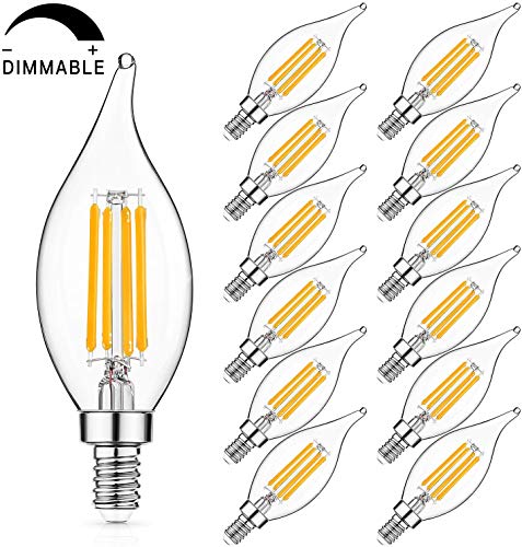 Product Cover Dimmable E12 LED Candelabra Bulbs 60W Equivalent, LED Chandelier Light Bulbs 6W, 2700K Soft White 600LM CA11 Flame Tip Vintage LED Filament Candle Bulb with Decorative Candelabra Base, Pack of 12