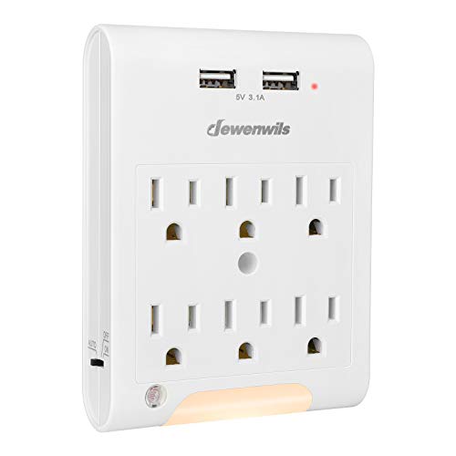 Product Cover DEWENWILS Multi Outlet Adapter with 2 USB Charging Ports (3.1A total), Light Sensor LED Night Light, 6 Outlets Wall Plug Extender for Travel, Home, 1080Joules Surge Protector, ETL Listed, White