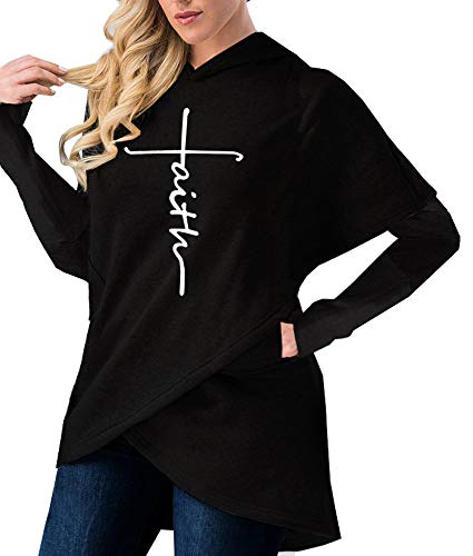 Product Cover Women's Long Sleeve Hoodie Asymmetric Hem Wrap Hooded Sweatshirt Letter Print Pullover Tops with Pockets