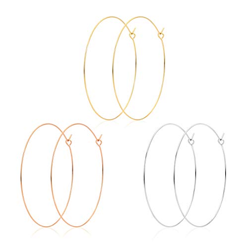Product Cover 3 Pairs Big Wire Hoop Earrings 50mm 18k Gold Silver Rose Gold Plated on Stainless Steel 2 inch Large Thin Hoops Earring Set Minimal Jewelry for Women Girls