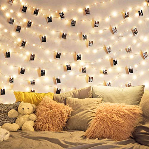 Product Cover Dopheuor LED Photo Clip Copper String Lights Starry Fairy Warm White Lights Battery Powered for Hang Pictures Cards Bedroom Wall Decorations Christmas Patio Halloween Thanksgiving Wedding Party Décor