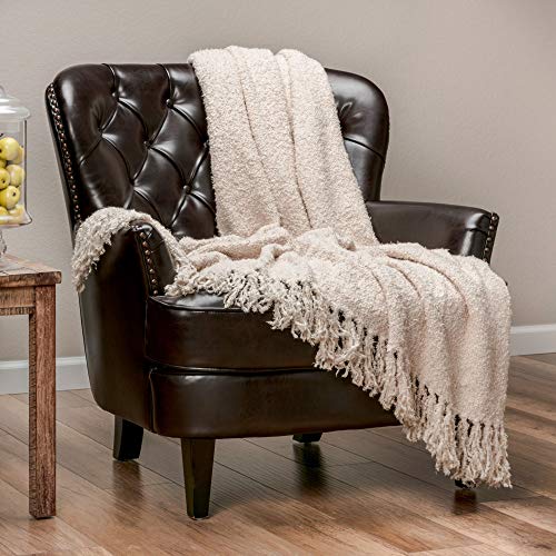 Product Cover Chanasya Fuzzy Textured Shiny Thread Soft Fluffy Throw Blanket Warm Cozy Plush Luxurious Blanket for Sofa Chair Couch Bed Living Room with Fringed Tassels Beige Throw Blanket (50x65 Inches) Cream
