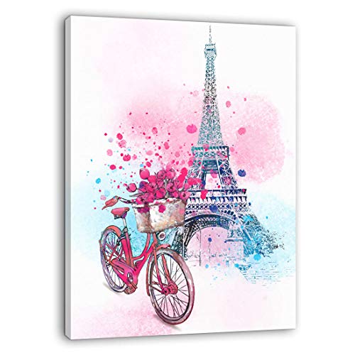 Product Cover Paris Wall Decor Pink Wall Art for Girls Bedroom Decor Eiffel Tower Decor Modern Artwork for Walls Pink Flowers Bicycle Canvas Prints Wall Decoration for Bathroom Bedroom Kitchen Home Decor 12x16
