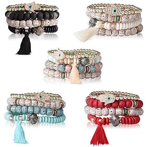 Product Cover LOYALLOOK 5Sets Bohemian Stretch Beaded Bracelets for Women Girls Crystal Beaded Evil Eye Charms Stretch Stackable Bracelet