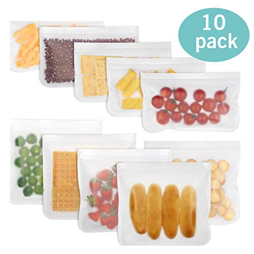 Product Cover Reusable Storage Bags - 10 Pack Leakproof Freezer Bags (5 Reusable Sandwich Bags & 5 Reusable Snack Bags) - PEVA Ziplock Bags for Food, Lunch, Make-up, Travel Storage, Home Organisation