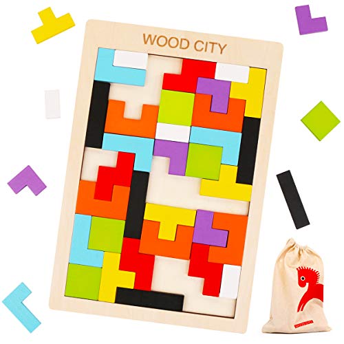 Product Cover Wooden Tetris Puzzle for Toddlers 3 Years Old, WOOD CITY Tangram Jigsaw Puzzle, Brain Teasers Toy, Stem Toys with Colorful 3D Russian Blocks,Montessori Educational Gift for Kids & Adults (40 PCS)