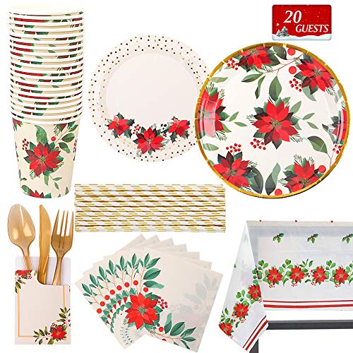Product Cover Poinsettia Party Supplies Christmas Paper Tableware Set Disposable Dinnerware Including Plates, Napkins, Cups, Straws, Tablecloth, Gold Plastic Cutlery, Cutlery Holders, Banner Decorations, Serves 20