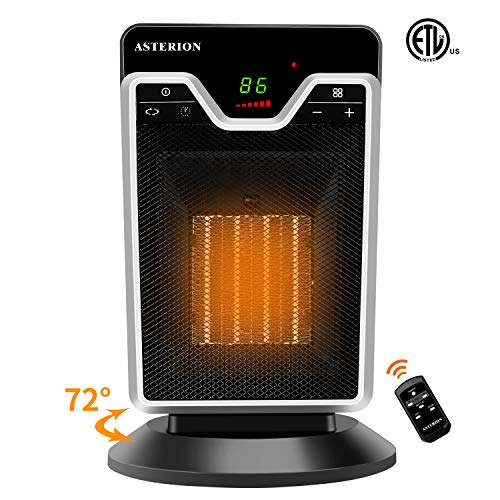 Product Cover Space Heater for Indoor Use, ASTERION Portable Office Heater with Adjustable Thermostat, Ceramic Oscillating Heater with 24H Timer Remote Tip Over Overheating Protection for Home Bedroom, 1500W Black