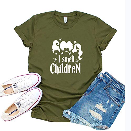 Product Cover Anoir Women's T-Shirt Halloween O Neck-I Smell Children Printed Tee Casual Loose Shirt Fashion Short Sleeve Tops Summer Army Green