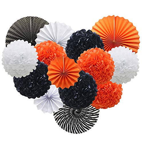 Product Cover Orange White Black Hanging Paper Party Decorations, Round Paper Fans Set Paper Pom Poms Flowers for Halloween Birthday Wedding Graduation Baby Shower Events Accessories