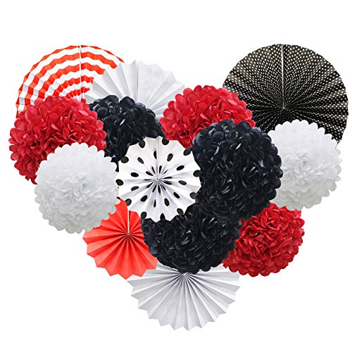 Product Cover Red White Black Hanging Paper Party Decorations, Round Paper Fans Set Paper Pom Poms Flowers for Mickey Mouse Theme Ladybugs Birthday Graduation Baby Shower