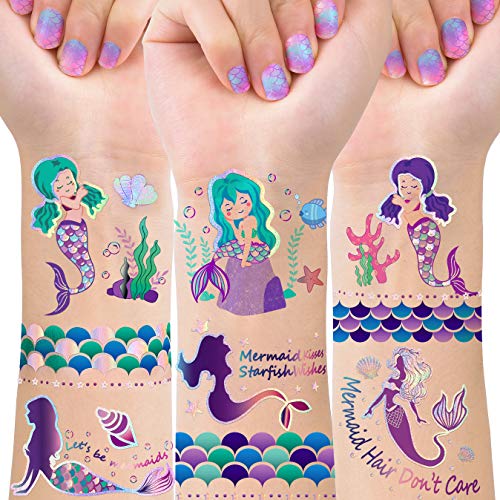 Product Cover Mermaid Party Supplies Mermaid Tattoos For Kids-Mermaid Birthday Party Favors-4 Sheet Glitter More Than 32 Styles Mermaid Tail Tattoos Party Decoration