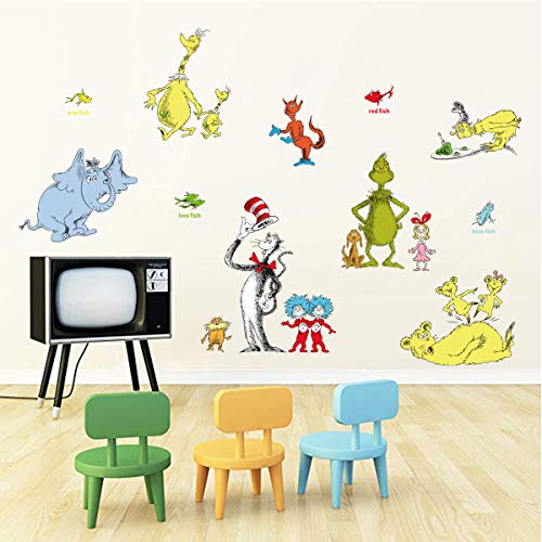 Product Cover decalmile Dr Seuss Cat in The Hat Wall Stickers Kids Wall Decals Childrens Bedroom Classroom Wall Decor