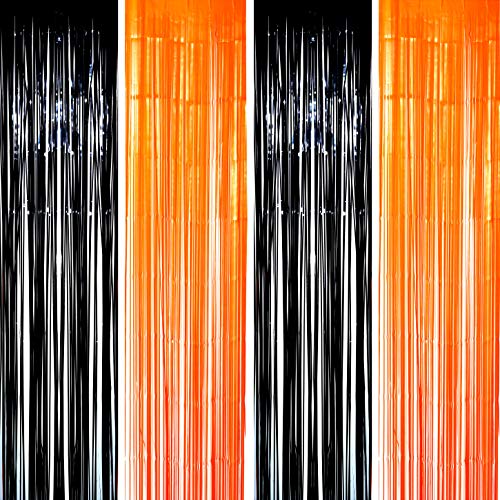 Product Cover Black Orange Party Tinsel Foil Fringe Curtains - Halloween Construction 1st Birthday Graduation Wedding Party Photo Booth Props Backdrops Decorations