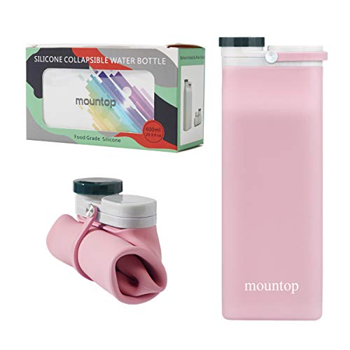 Product Cover mountop Collapsible Silicone Water Bottle, Portable Foldable Sports Canteen for Travel & Outdoor - BPA Free Leak Proof, 20oz Pink
