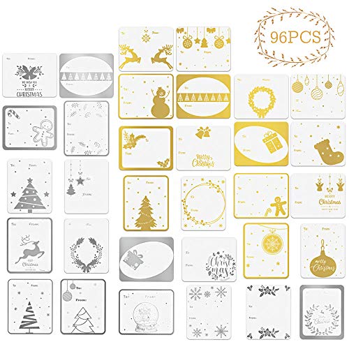 Product Cover JPSOR 96pcs Christmas Gift Tags Stickers Gold and Silver Foil Xmas Name Stickers Holiday Gift Tags, Self Adhesive Gift Tags, Holiday Presents Decorative for Gift