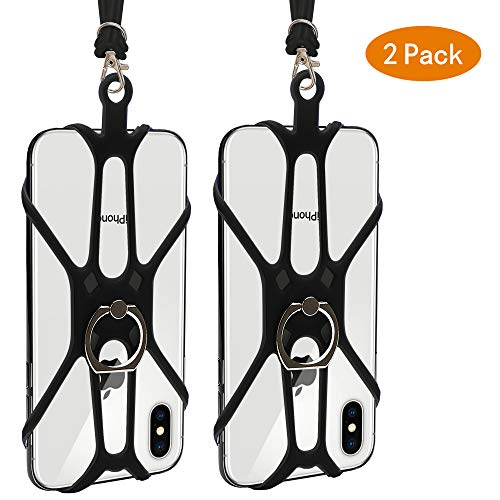 Product Cover Takyu Universal Phone Lanyard Holder, 2 Pack Silicone Retractable Cell Phone Lanyard with Detachable Neckstrap and Phone Ring Holder, Phone Strap Compatible with Most Smartphones (Black Black)