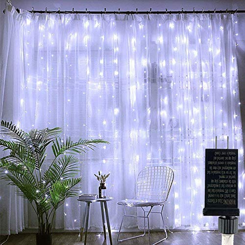 Product Cover 300 LED Curtain String Lights Plug in Window Fairy Lights Christmas Waterproof Twinkle Lights 8 Modes Hanging Lights for Indoor Outdoor Wall Bedroom Party Wedding Backdrop Decor-Cool White