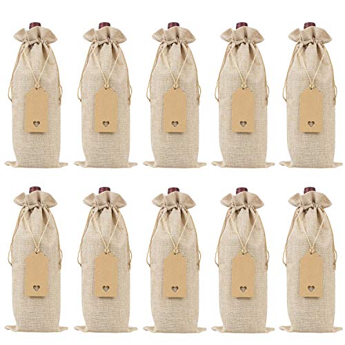 Product Cover Keniot Burlap Wine Bags Wine Gift Bags with Drawstrings, Single Reusable Wine Bottle Covers with Ropes and Tags (10 Pcs)