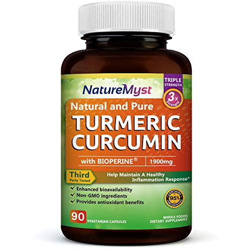 Product Cover NatureMyst Turmeric Curcumin with Bioperine and 95% Standardized Curcuminoids, 1900mg, Non-GMO Turmeric Capsules, Made in USA-90 Veggie Capsules (90 ct.)
