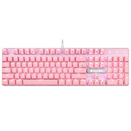 Product Cover SUPSOO Mechanical Keyboard, USB Wired & Metal Panel, Compact 104 Key Computer Keyboard with Blue Switch and 12 Multimedia Keys for Windows PC Office Gamers, Pink White LED Backlit