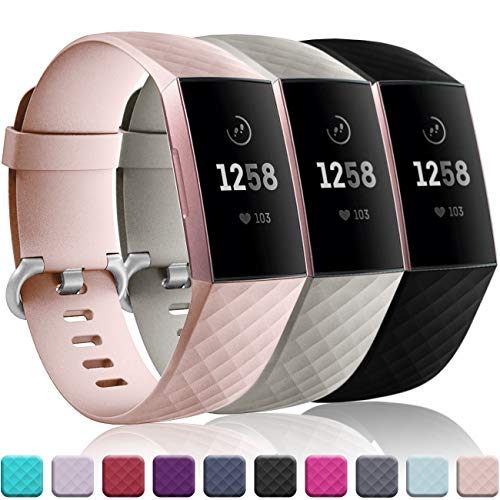Product Cover Wepro Bands Replacement Compatible Fitbit Charge 3 for Women Men Small, 3 Pack Sports Watch Band Strap Waterproof Wristband for Fitbit Charge 3 & Charge 3 SE Tracker, Pink Sand, Slate Gray, Black