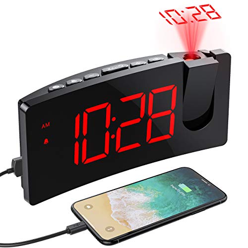 Product Cover PICTEK Projection Alarm Clock, 4 Dimmer, Digital Clock with USB Phone Charger, Easy to Use, Clear Big Red Digit, 5'' LED Curved Screen, 180° Rotable, Digital Alarm Clocks for Bedrooms (Red)