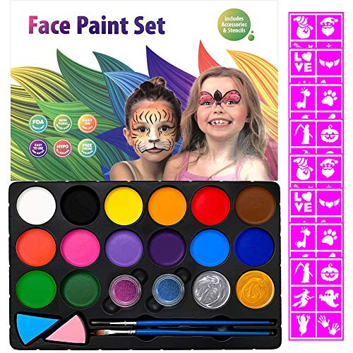 Product Cover Face Painting Kits for Kids,48 Stencils,16 Colors Water Based Face Paints,2 Glitters-Halloween Easter Makeup Kit, Professional Party Cosplay Body Paint Set Safe for Sensitive Skin