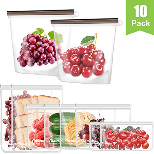 Product Cover 10 Pack Reusable Food Storage Bags, 2 Pack Silicone Storage Bags and 8 Pack PEVA Ziplock Bags (2 Large Size Storage Bags & 4 Medium Size Sandwich Bags & 2 Small Size Snack Bags)(White, Silicone+PEVA)