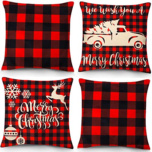 Product Cover ZJHAI 4pcs Christmas Pillow Covers 18x18 Inches Cotton Linen Plaid Decorative Pillowcase Cushion Cover for Sofa Couch Bed and Car