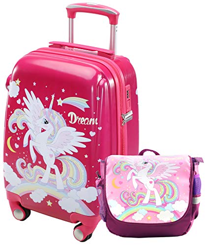 Product Cover Kids Luggage Set for Girls with 4 Spinner Wheels Children Travel Carry On Suitcase Unicorn Toddler luggage with Backpack 2pc Pink