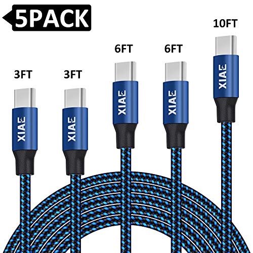Product Cover USB C Cable,XIAE 5Pack (3/3/6/6/10FT) Nylon Braided Fast Charging Cable Aluminum Housing Compatible with Samsung Galaxy S10 S9 Note 9 8 S8 Plus,LG V30 V20 G6,Google Pixel,Huawei P30/P20-Black&Blue