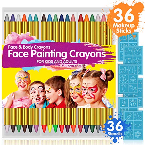 Product Cover Face Paint Crayons for Kids, 36 Makeup Sticks & 36 Stencils, Professtional Face Painting kit for Halloween or Birthday Party, 6 Fluorescent, 6 Metallic & 24 Classic Colors, Safe for Sensitive Skin