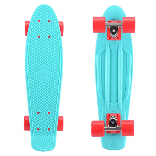 Product Cover SANVIEW Complete 22 Inch Mini Cruiser Skateboard for Youths Beginners or Kids (Light Blue Red Wheel)