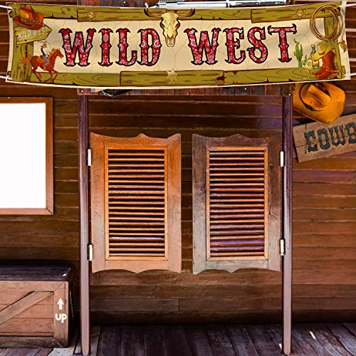 Product Cover Cowboy Party Decorations Cowboy Banner Western Scene Setters for Cowboy Decorations Party Wooden House Barn Banner Western Party Supplies Wild West Backdrop Background 15.7 x 72 Inch