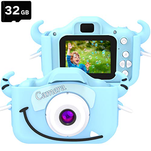 Product Cover Goopow Kids Camera Toys for 3-8 Year Old Boys,Children Digital Video Camcorder Camera with Cartoon Soft Silicone Cover, Best Birthday Festival Gift for Kids Children - 32G SD Card Included(Light Blue)