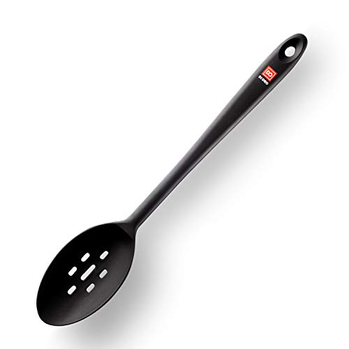 Product Cover Di Oro Seamless Series Slotted Silicone Spoon - 600F Heat-Resistant Rubber Non-Stick Kitchen Utensil for Mixing, Serving, Cooking and More - LFGB Certified and FDA Approved Pro-Grade Silicone - Black