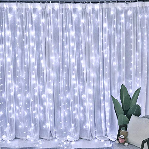 Product Cover Window Curtain Lights 300 LED Upgraded Bigger Bulbs USB Plug in Fairy Lights 8 Modes Remote Control Curtain String Lights Waterproof LED Copper Wire Lights for Party Garden Bedroom Decor (Cool White)
