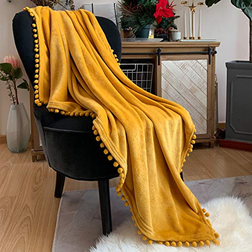 Product Cover LOMAO Flannel Blanket with Pompom Fringe Lightweight Cozy Bed Blanket Soft Throw Blanket fit Couch Sofa Suitable for All Season(Mustard Yellow, 60''x 80'')
