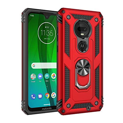 Product Cover Rebex Moto G7 Case Cover,Moto G7+ Plus Case,Tough Heavy Protective 360 Metal Rotating Ring Kickstand Holder Grip Built-in Magnetic Metal Plate Armor Heavy Duty Shockproof(Red)