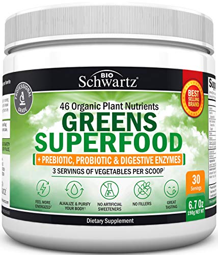 Product Cover Super Greens Powder - 3 Servings of Veggies per Scoop | 45+ Organic Green Superfoods (Wheat Grass, Chlorella, Spirulina & More) + Probiotics & Digestive Enzymes - Keto Friendly Vegan Supplement