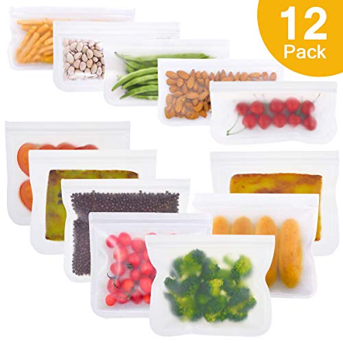 Product Cover Reusable Storage Bags 12 Pack Sandwich Snack Bags Freezer Ziplock Lunch Food Bags for Home Food Travel Storage Leakproof Airtight BPA FREE PEVA (7 Sandwich bags & 5 Snack bags)