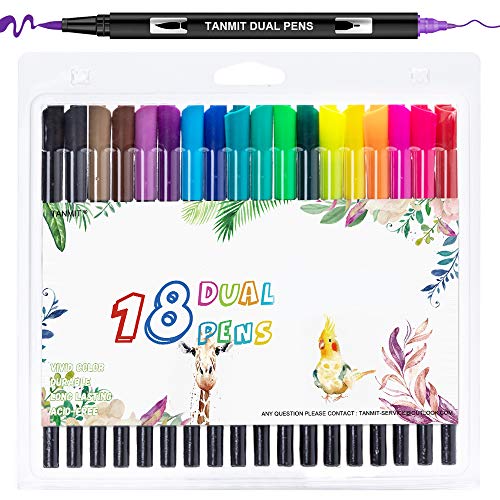 Product Cover Tanmit Dual Tip Brush Pen Art Markers, Fine Point Markers & Calligraphy Brush Pens for Journaling, Sketching, Hand Lettering, Coloring Books, Art Suppliers (18 Colors)