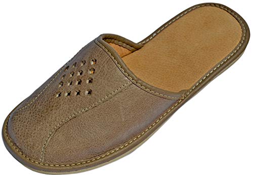 Product Cover Men's House Slipper (Beige) - Made from Full Grain Genuine Leather - Closed-Toe Mens Slippers Indoor/Outdoor Shoes with Breathable Odor-Resistant Cushioned Sheepskin Sole.